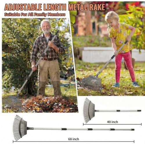 Metal Bow Leaf Rake with 25 Steel Teeth & 68" Stainless Steel Handle - size: 68-IN