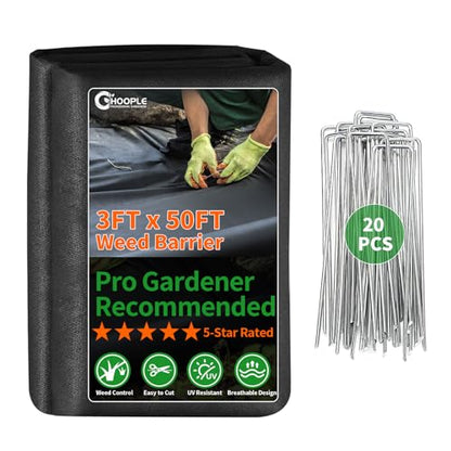 HOOPLE 3FT*50FT remium Landscape Fabric Weed Barrier, Durable & Heavy-Duty, Thick Weed Barrier Fabric, Easy Setup & Superior Weed Control (with 20 pcs Garden Stakes) - size: 3.2 oz – 3 ft x 50 ft