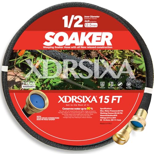 15FT 1/2" Heavy-Duty Soaker Hose with Solid Brass Connectors, Ultra-Flexible Even Water Flow - size: 15 FT
