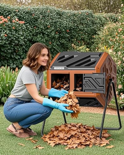 THE Growing 43 Gal Outdoor Compost Bin Tumbler with Thermometer, Orange - color: tangerine