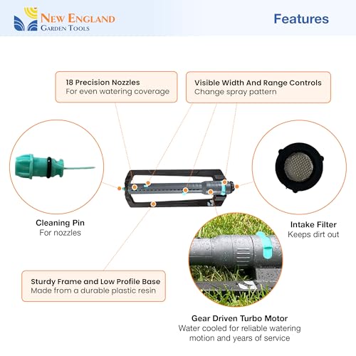 Turbo Oscillating Sprinkler 100003, Adjustable Sprinkler Spray Width & Range, Covers Up to 4,000 Square Feet, 18 Precision Nozzles for Even Watering, by New England Garden Tools