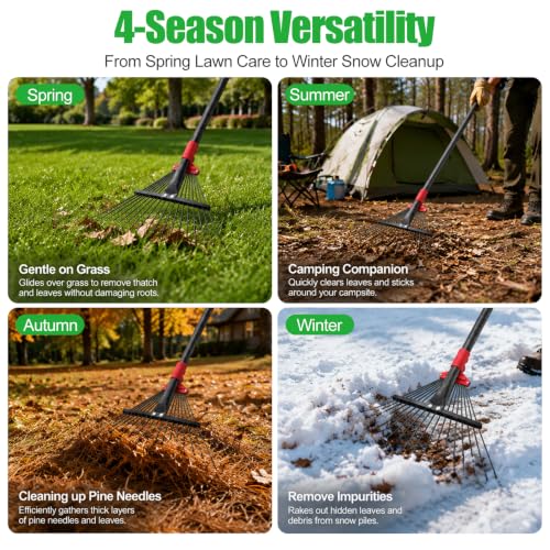 Adjustable Metal Leaf Rake for Leaves, 60 Inch Long Handle Yard Rake with 18 Metal Tines & 8-18" Expandable Head, Lightweight Garden Rake for Lawns, Grass Clippings, Pine Needles - size: 61 inch