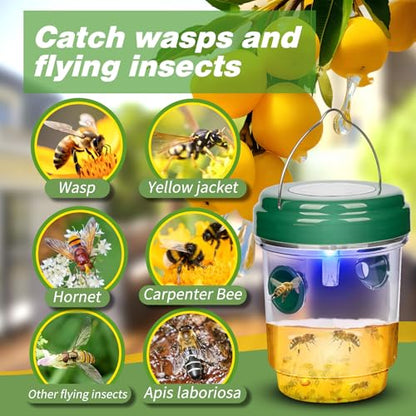 Wasp Traps Outdoor Hanging, Solar Bee Trap 4 Packs, 2026 Upgrade Wasp Deterrent Killer, Carpenter bee Catcher for Outside, Flying Insect Traps Reusable Yellow Jacket Hornet Catchers with LED Light