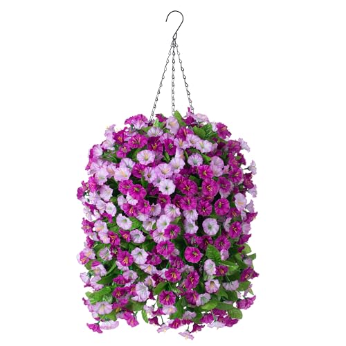 Artificial Flowers with Hanging Basket, Outdoor Faux Plants UV Resistant - color: Darkorchid