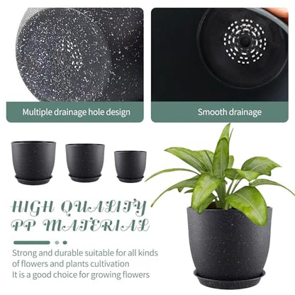 10/9/8 inch Plant Pots, 3 Pack Plastic Flower Pots Modern Flower Pots with Drainage Holes and Trays are for Indoor and Outdoor Plants, Herbs and Flowers,Black Speckles - color: Black