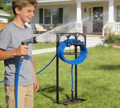 Freestanding Garden Hose Holder - Heavy Duty Metal Stand for 150ft Hose - Outdoor Organizer and Storage Rack