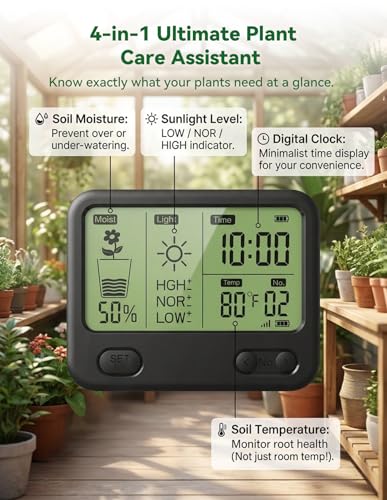 Nexuslab Wireless Soil Moisture Meter with LCD Receiver – 3‑Probe 3‑in‑1 Sensor (Moisture, Temperature, Light), 230 ft RF Range, Waterproof, Long Battery Life for Indoor/Outdoor Plants and Gardens - size: Main Unit + 4 Sensors