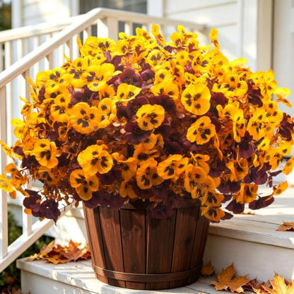 16 Faux Fall Pansy Flowers, UV Resistant Artificial Outdoor No Fade Plants - color: Fall Yellow&wine Red