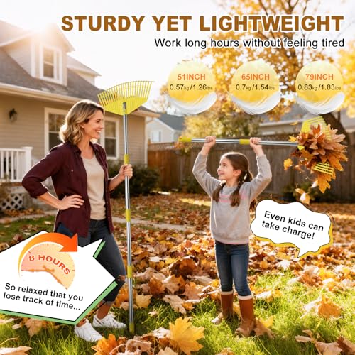 Leaf Rake - 16.5" Wide Nylon Plastic Head,51" Adjustable Stainless Steel Handle,Heavy Duty Gardening Leaves Rake Tools for Garden Lawns,Yard,Shrub,Grass - Lightweight for Women,Seniors & Kids - style: 51"