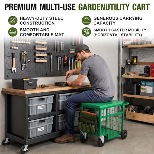 Swivel Wheel Garden Work Seat Upgraded Heavy-Duty Gardening Cart with Portable Gardening Tool Kit Swivel-Wheel Garden Stool Designed for Seniors Ideal for Lawn, Patio, and Outdoor Gardening Scooter