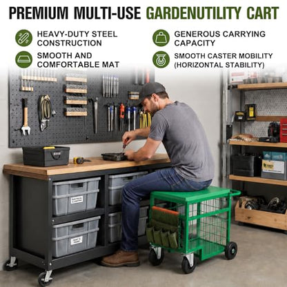 Swivel Wheel Garden Work Seat Upgraded Heavy-Duty Gardening Cart with Portable Gardening Tool Kit Swivel-Wheel Garden Stool Designed for Seniors Ideal for Lawn, Patio, and Outdoor Gardening Scooter
