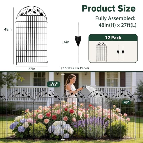 Decorative Garden Fence, 48in H x 27ft L Arched Metal Animal Barrier Fence, Rustproof Dog Fence Outdoor, 12 Panels Sturdy No Dig Garden Border Fence for Flower Beds, Landscaping and Yard - size: 12 Panels-48in(H)x27ft(L)-Dome