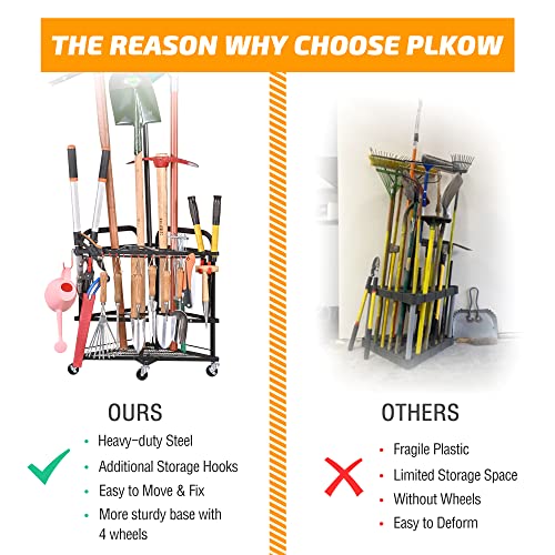 PLKOW Garden Tool Organizer with Wheels and Storage Hooks, Rolling Corner Tool Storage Rack for Garden, Shed, Garage, Powder Coated Steel, Black - size: Corner Rack