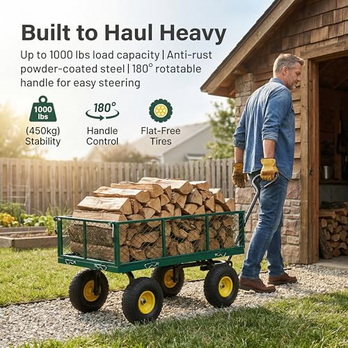 Finnhomy Heavy Duty 1000 Lbs Capacity Mesh Steel Garden Cart, Pullable Garden Wagons Carts on Wheels, Folding Utility Wagon with Removable Sides for Outdoor, Yard, Lawn, Green - color: Green