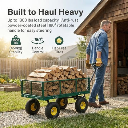 Finnhomy Heavy Duty 1000 Lbs Capacity Mesh Steel Garden Cart, Pullable Garden Wagons Carts on Wheels, Folding Utility Wagon with Removable Sides for Outdoor, Yard, Lawn, Green - color: Green