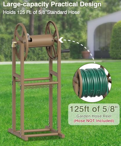 Freestanding Garden Hose Reel holds 125ft Hose of 5/8" with 4 Hooks, 4-Spike Outdoor Hose Holder with 3.9ft Leader Hose & Brass Fitting, Detachable Metal Hose Stand with Storage Rack, Brown - color: Brown