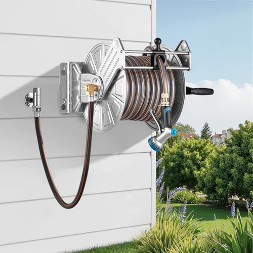 VEVOR Wall Mounted Garden Hose Reel Holds 150 ft 5/8-inch Water Hose Winder - color: Silver, size: 150ft, 5/8-inch, Wall Mounted