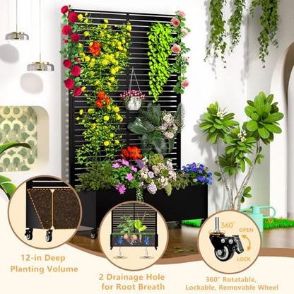 MTART Metal Planter Box with Trellis Outdoor, 72"x47"x16" Galvanized Raised Garden Bed with Privacy Screen & Drainage Holes & Lockable Casters for Climbing Plants, Vegetable, Vines (Louvered-Black1) - color: Louvered-black1