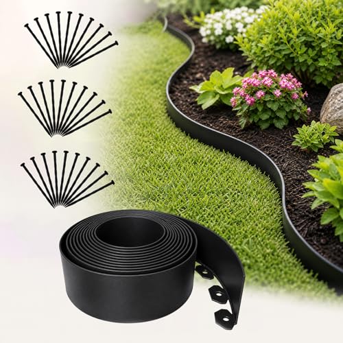 33FT Garden Edging Border, 2 Inch Flexible Landscape Edging with 30 Stakes, Tool-Free No-Dig Plastic Lawn Border for Flower Bed, Yard Patio Outdoor Landscaping