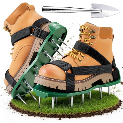 Ohuhu Lawn Aerator Shoes with Hook & Loop Straps, All New Unique Design Free-Installation Heavy Duty Spiked Aerating Sandals, One-Size-Fits-All for Yard Patio Lawn Garden - color: green&black