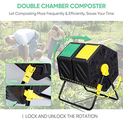 F2C Dual Chamber 37 Gallon Compost Tumbler All-Season Outdoor BPA Free Large Composter Bin w/ 2 Sliding Doors and Solid Steel Frame - size: 37 Gallon