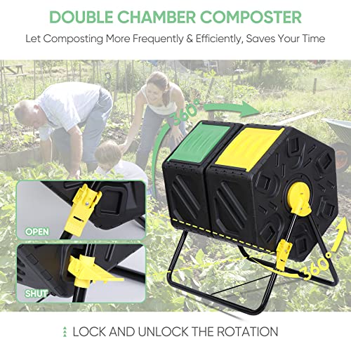 F2C Dual Chamber 37 Gallon Compost Tumbler All-Season Outdoor BPA Free Large Composter Bin w/ 2 Sliding Doors and Solid Steel Frame - size: 37 Gallon