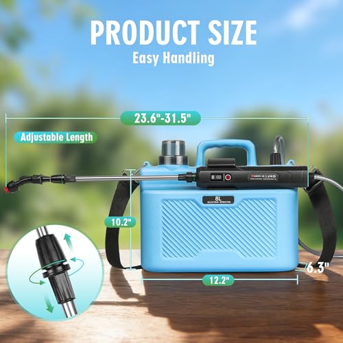 Battery Powered Sprayer 2 Gallon, Powerful Electric Garden Sprayer with 3 Speeds Displayed, Battery Indicator, 4 Mist Nozzles, Retractable Wand, Adjustable Shoulder Strap for Lawn Yard and Garden - color: Blue