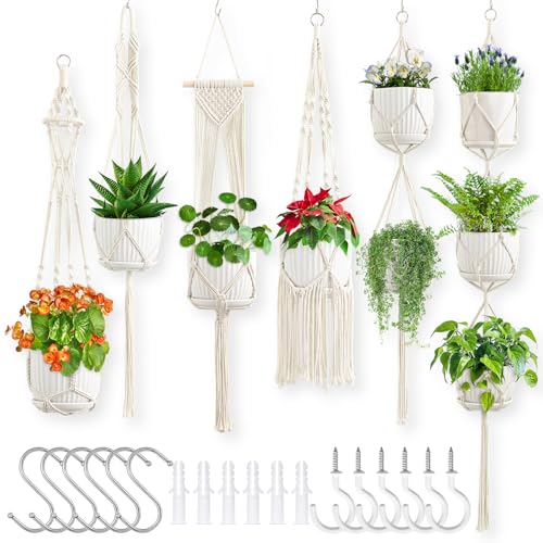 Macrame Plant Hangers, 6Pack Hanging Plant Holders Indoor, Ivory - color: Ivory