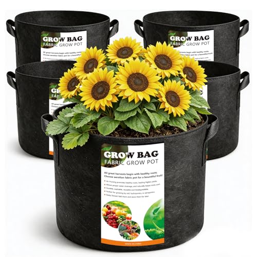 5 Pack 10 Gallon Thickened Grow Bags, Aeration Nonwoven Fabric Planting Bags with Handles, Heavy Duty 300G Garden Planter Pot for Tomato, Potato, Strawberry, Vegetable, Fruits and Flowers - size: 10 Gallon