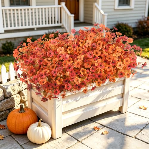 Hommyea Fall Artificial Fake Mums Flowers Plant for Outdoor Faux Home Decor - color: Orange+autumn+red