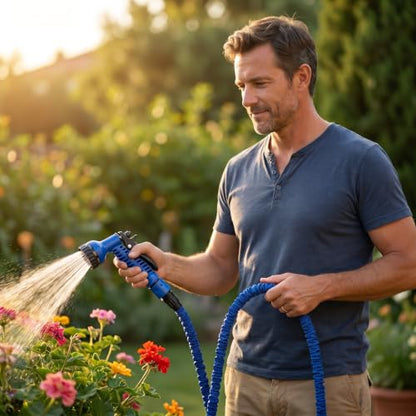 1PCS 50FT Garden Hose, Water Hose Retractable Garden Hose 1/2 and 3/4 Inch Connectors for Gardening Tools Essentials (Blue)