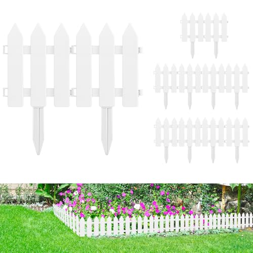 PLULON 6 Pieces Garden Fence with 6 Pieces Fence Insert White Plastic Garden Picket Edgings Lawn Flowerbeds Plant Borders Decorative Garden Yard