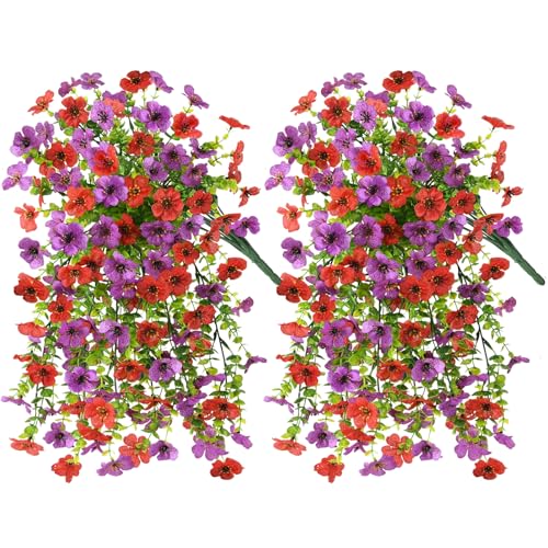 INQCMY 2 Pcs Artificial Fake Hanging Flowers for Outdoors UV Resistant - color: Red Purple