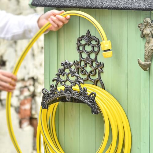 Sungmor Heavy Duty Cast Iron Garden Hose Holder - Wall Mounted Water Hose Hanger - Antique Emblem Decorative Hose Reel - Water Hose Rack Butler Storage - Two Installation Methods Wall Decor Holder - color: Shape D-Emblem