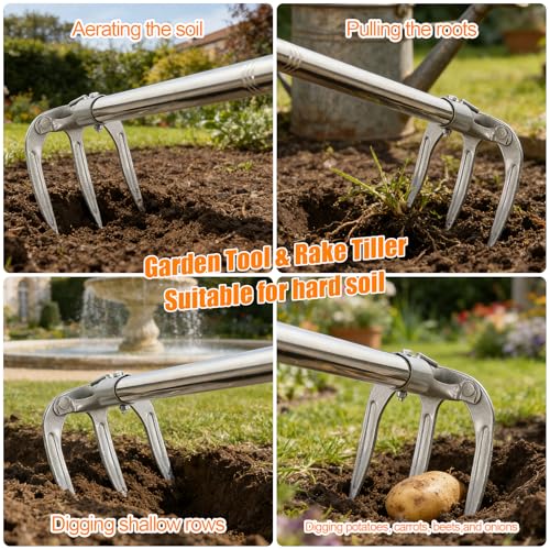 78" Long Handle Garden Rake, No Bend Standing Weeding Tool, Heavy Duty 3-Tine Cultivator with Carbon Steel Head, Hand Tiller for Digging, Loosening Soil & Planting