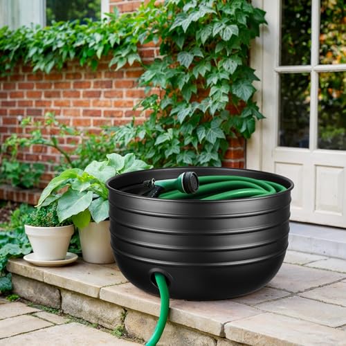 Monarch Abode Garden Hose Holder with Lid – Decorative Water Hose Holders for Outside, Border Embossed Metal Matte Black Pot with Drainage, 100ft Waterhose Holder for Outside, Garden Storage Caddy
