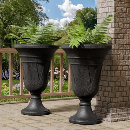 Tall Plastic Urn Planters and Pedestal - 24" Outdoor Planter Black - color: Black-trophy