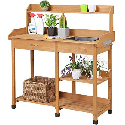 Yaheetech Potting Bench with Sink & Drawer, Outdoor Gardening Table, Wood - color: Wood