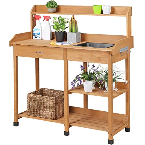 Yaheetech Potting Bench with Sink & Drawer, Outdoor Gardening Table, Wood - color: Wood
