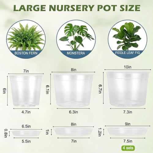 9 Sets 7/8/10 Inch Large Clear Nursery Pots with Drainage Holes. - color: 7/8/10 Inch