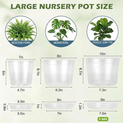 4 Sets 8 Inch Large Clear Nursery Pots with Drainage Holes. - color: 8 Inch
