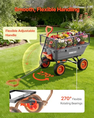 VEVOR 800LBS 7 CU.FT Poly Garden Cart Dump Wagon, Heavy Duty 4 Wheel Wheelbarrow with 10" Flat Free Tires, Yard Cart Dump Wagon with Removable Raised Sides and Quick-Release System - color: Grey01