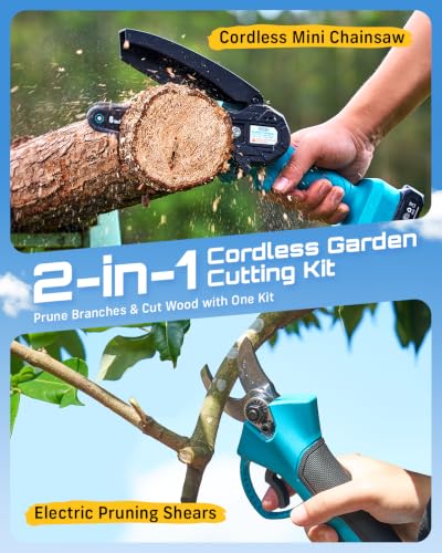 SEESII 2-in-1 Mini Chainsaw & Pruning Shears, 20V Brushless Motor Combo - color: Industrial Blue