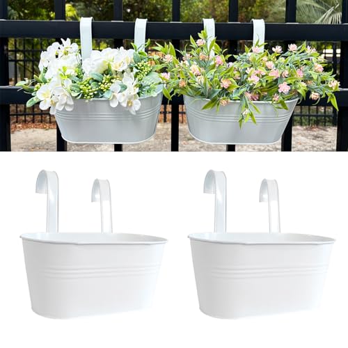 2 Pack 10" Metal Hanging Fence Planter Outdoor with Detachable Hooks, White - color: White