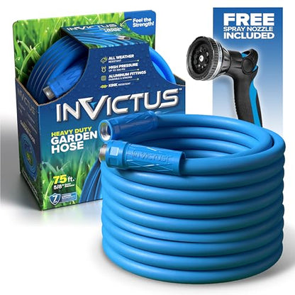 INVICTUS 75 Ft Garden Hose with Sprayer Nozzle, 2-Layer Heavy Duty Drinking RV Water Hose 75Ft x 5/8 in. Flexible, Lightweight, NON Expandable, Kink Resistant, Easy Connect Fittings, 400 PSI