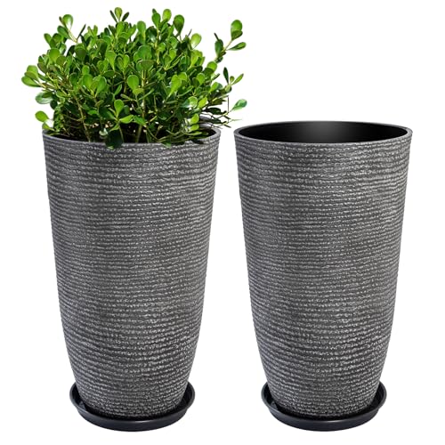 QCQHDU Large Tall Dark Gray Planters Set of 2-9 Gallon 12" Round Outdoor Planters for Front Door & Patio, Faux Stone Indoor Plant Pots with Tray, Porch Decor Plant Containers - color: Dark Gray