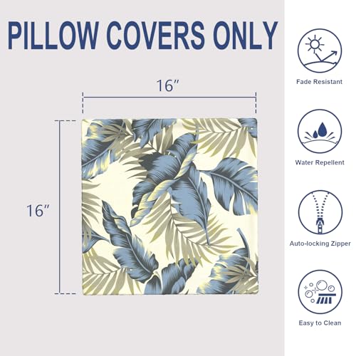 Outdoor 16x16 Inch Throw Pillow Covers Set of 2, Covers ONLY, All Weather Square Pillow Cases, Patio Cushion Pillow of Home Furniture Use, ‌Lush Palm Blue - color: ‌lush Palm Blue, size: 16" x 16" (Pack of 2)