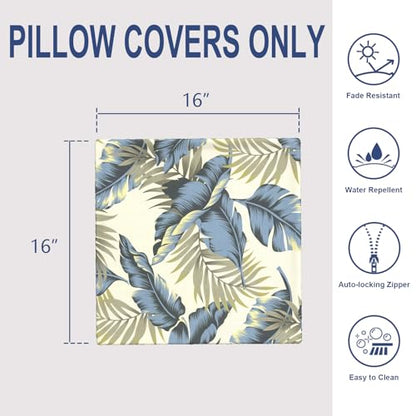 Outdoor 16x16 Inch Throw Pillow Covers Set of 2, Covers ONLY, All Weather Square Pillow Cases, Patio Cushion Pillow of Home Furniture Use, ‌Lush Palm Blue - color: ‌lush Palm Blue, size: 16" x 16" (Pack of 2)