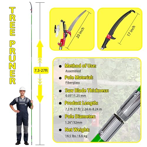 Manual Pole Saw, 7.3-27 ft Extendable Tree Pruner, Sharp Steel Blade & Scissors for High Branches Trimming, Lightweight 8 Fiberglass Handles, Ideal for Backyard/Garden Palm & Shrub Pruning