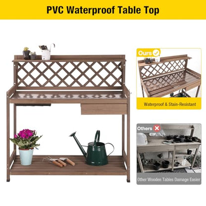 Aivituvin Potting Bench Outdoor with PVC Layer Wooden Planting Table with Sink & Lid Gardening Work Bench with Drawer, Shelf, Hook